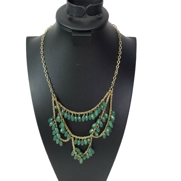 Jewelry - Green Gold Tiered Gem Necklace Costume Jewelry